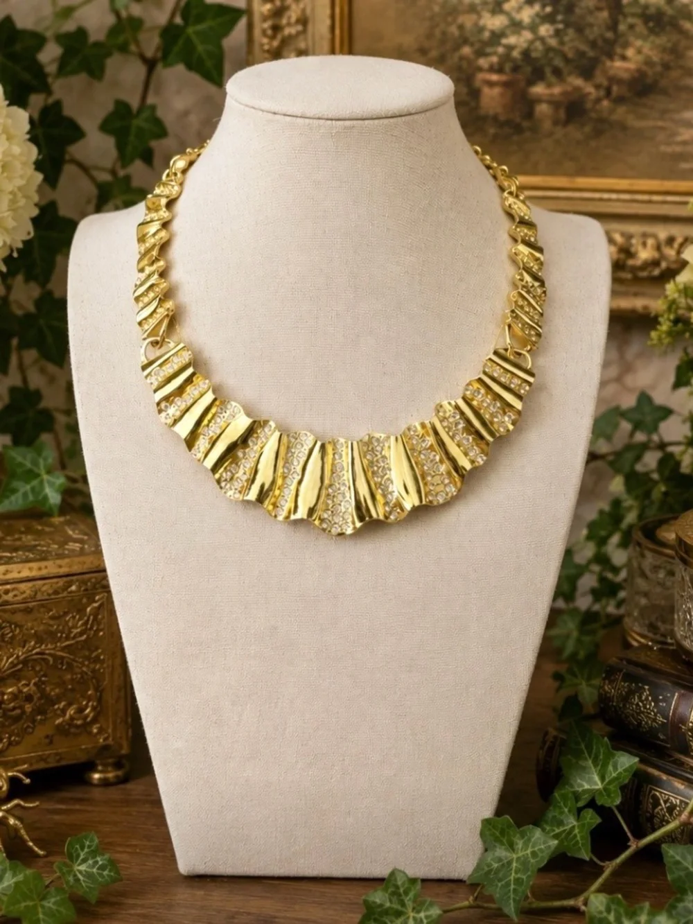 GIVENCHY Vintage Gold-tone Crystal Rhinestone Ripple Texture Statement Necklace